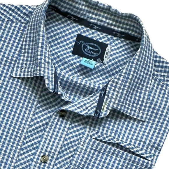 True Flies Seersucker Performance Short‎ Sleeve Fishing Shirt Blue White Gingham - Picture 1 of 11